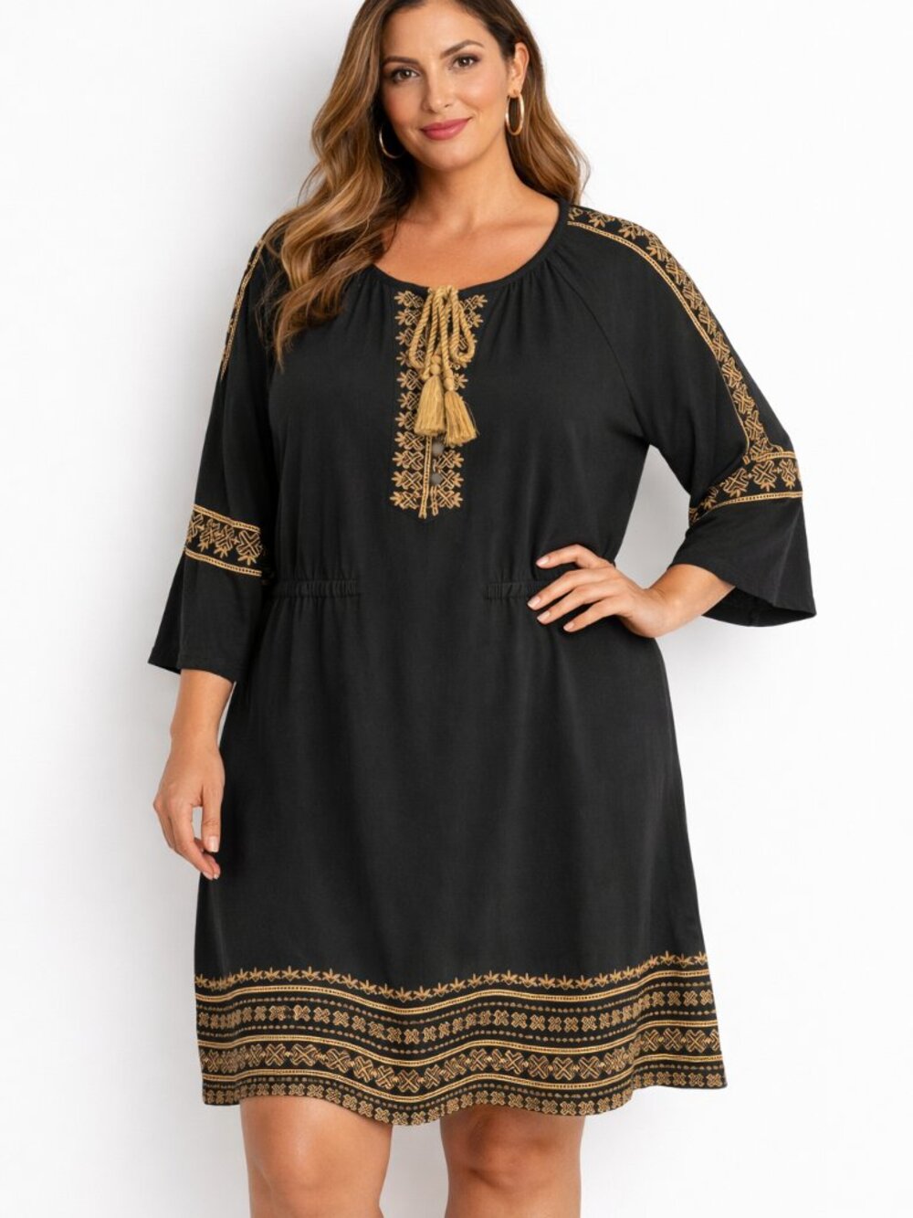 J.‎ Jill Embroidered Peasant Tunic Dress Black Gold Boho Shift Large